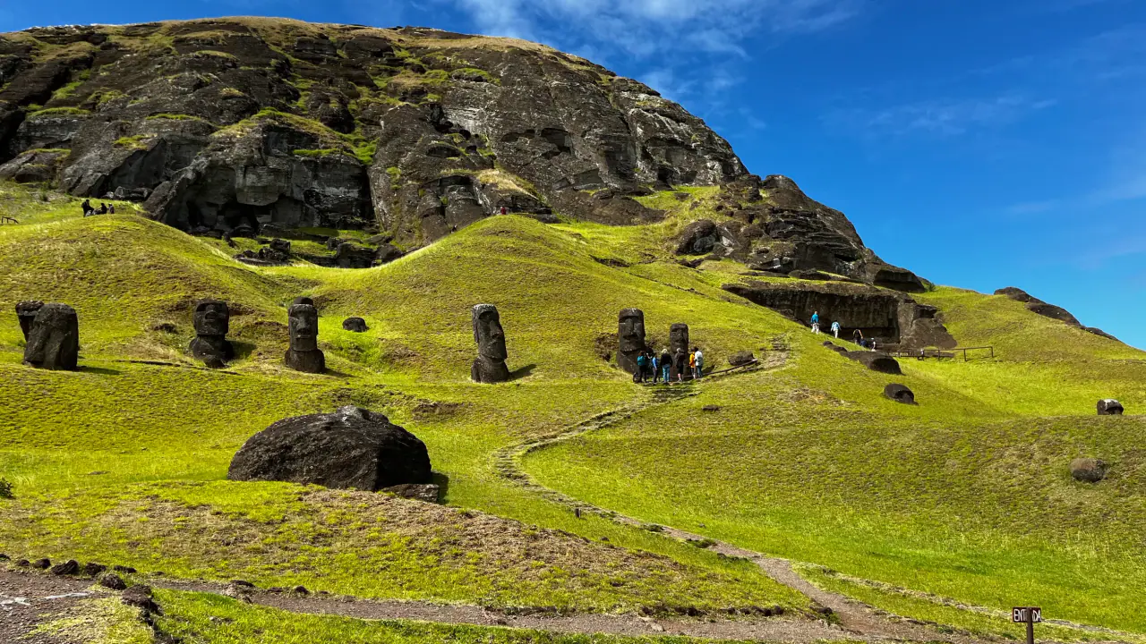 Moai on the green slopes of Rano Raraku, Rapa Nui