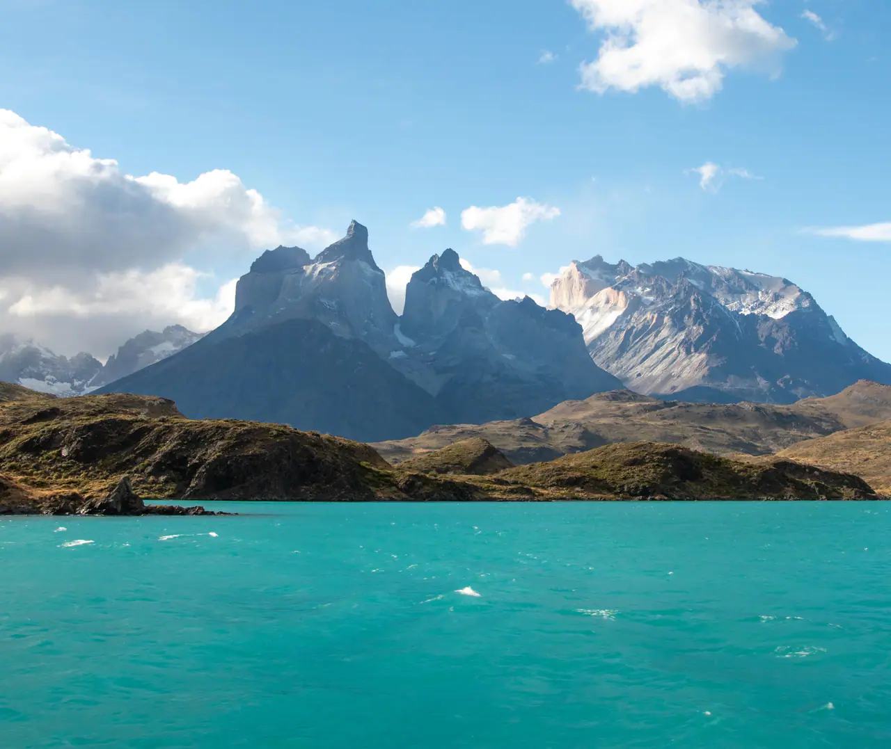 The Cuernos del Paine above a turquoise lake in Torres del Paine