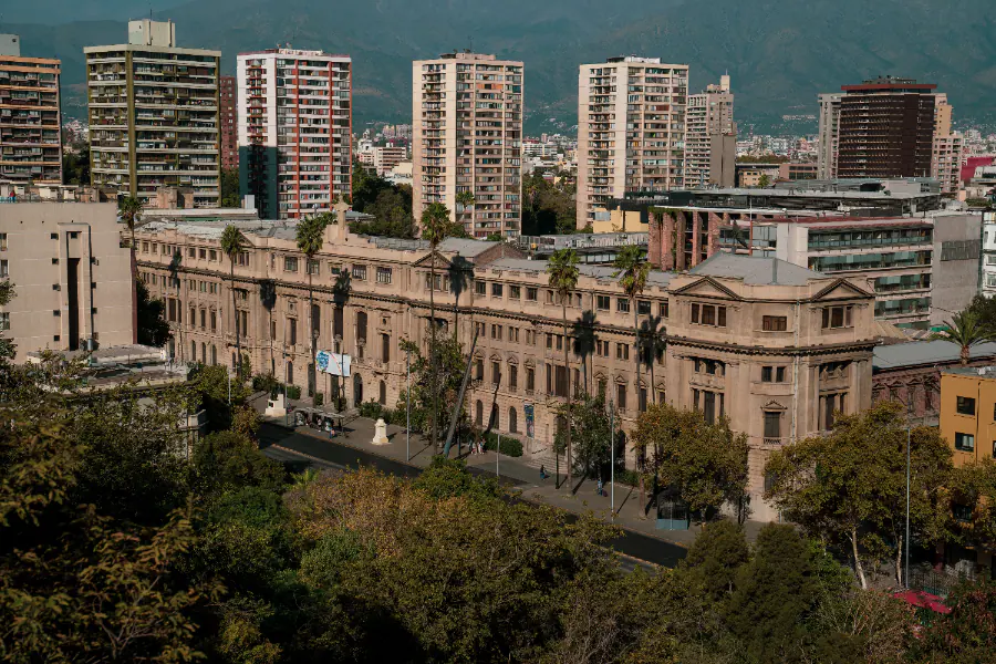 Historic buildings among the towers of central Santiago
